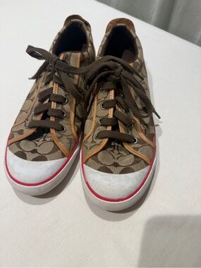 Coach Men’s Logo Canvas Sneakers in Brown with Red Trim